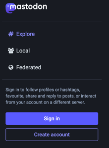 Screenshot that shows the first Mastodon screen to either sign in create a new account.